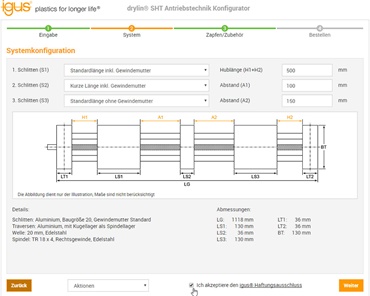 Configurador drylin® SHT tecnología de accionamiento